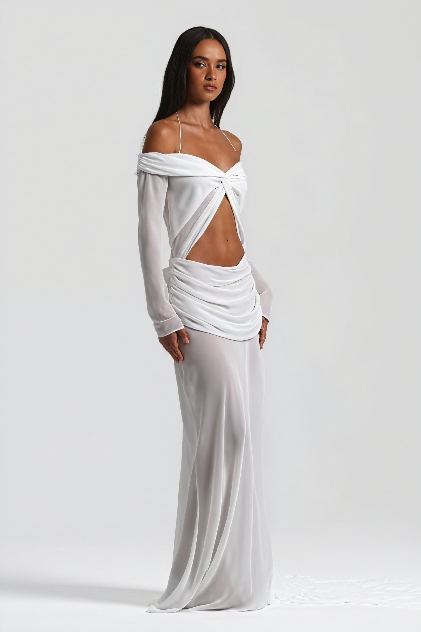 Women's Off-Shoulder Knotted Bust Keyhole Cutout Floor-Length Draped Dress - Elegant Modern Style in White, Light Blue, Brown-81094-1621614e-f271-4b89-8d70-78e1c49a9b36