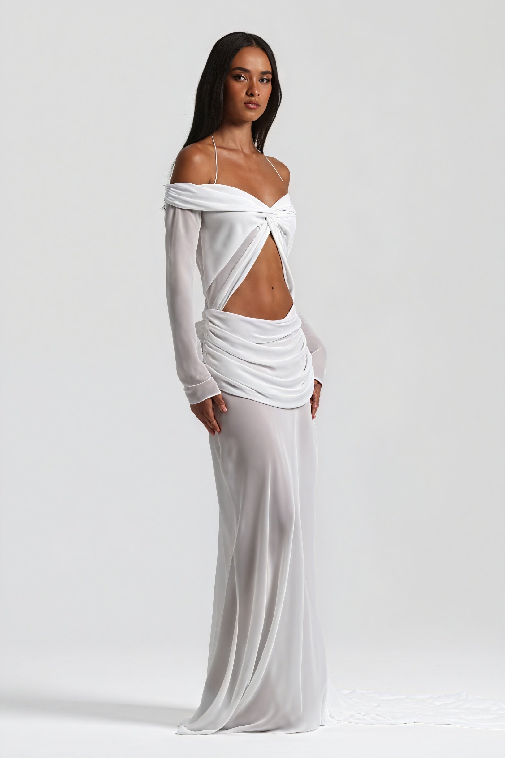 Women's Off-Shoulder Knotted Bust Keyhole Cutout Floor-Length Draped Dress - Elegant Modern Style in White, Light Blue, Brown-81094-1621614e-f271-4b89-8d70-78e1c49a9b36