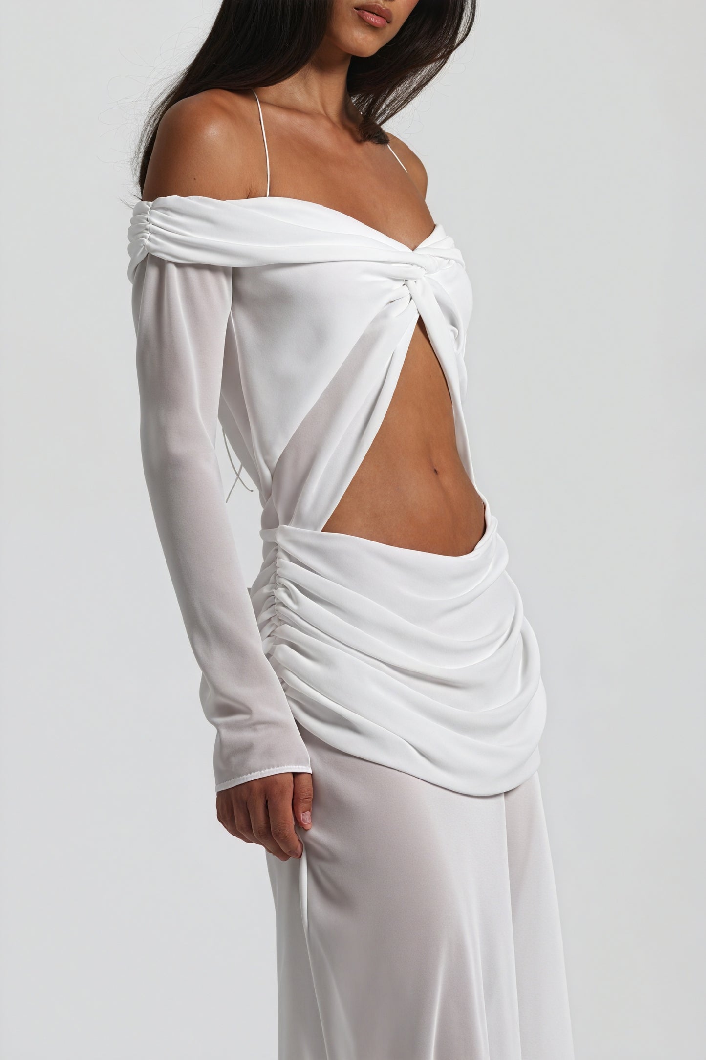 Women's Off-Shoulder Knotted Bust Keyhole Cutout Floor-Length Draped Dress - Elegant Modern Style in White, Light Blue, Brown-81094-bb694598-54a6-485d-9b88-a258172c3ecd