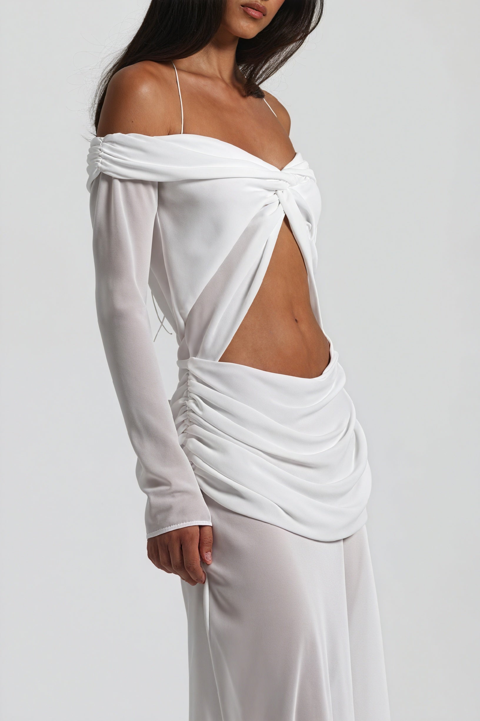 Women's Off-Shoulder Knotted Bust Keyhole Cutout Floor-Length Draped Dress - Elegant Modern Style in White, Light Blue, Brown-81094-bb694598-54a6-485d-9b88-a258172c3ecd
