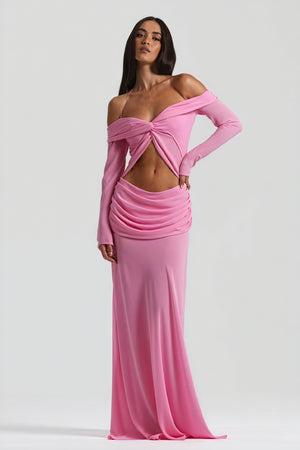 Women's Off-Shoulder Knotted Bust Keyhole Cutout Floor-Length Draped Dress - Elegant Modern Style in White, Light Blue, Brown-81094-ab5dfc9b-390f-4a49-a098-91879b8294bf
