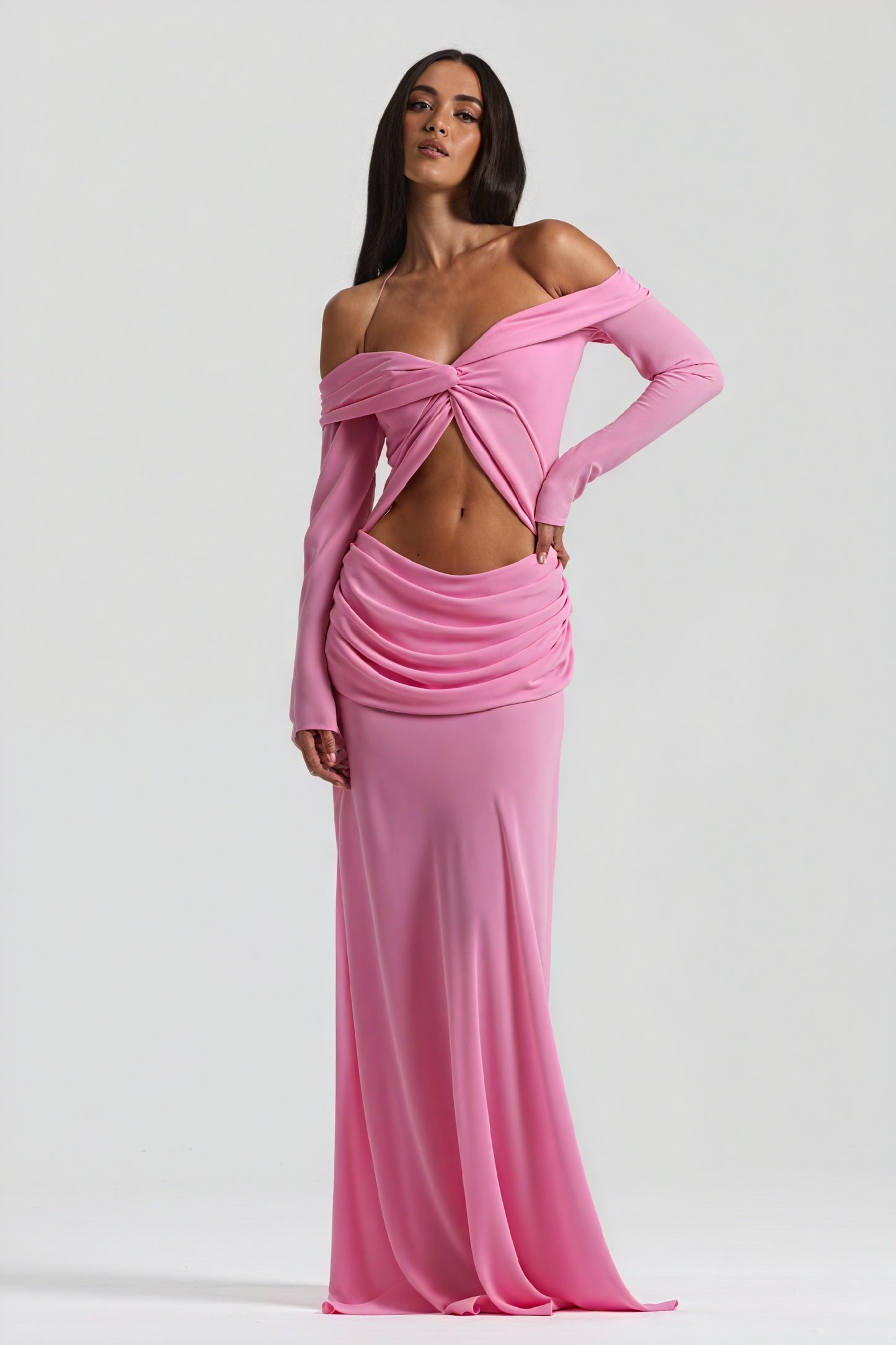 Women's Off-Shoulder Knotted Bust Keyhole Cutout Floor-Length Draped Dress - Elegant Modern Style in White, Light Blue, Brown-81094-ab5dfc9b-390f-4a49-a098-91879b8294bf
