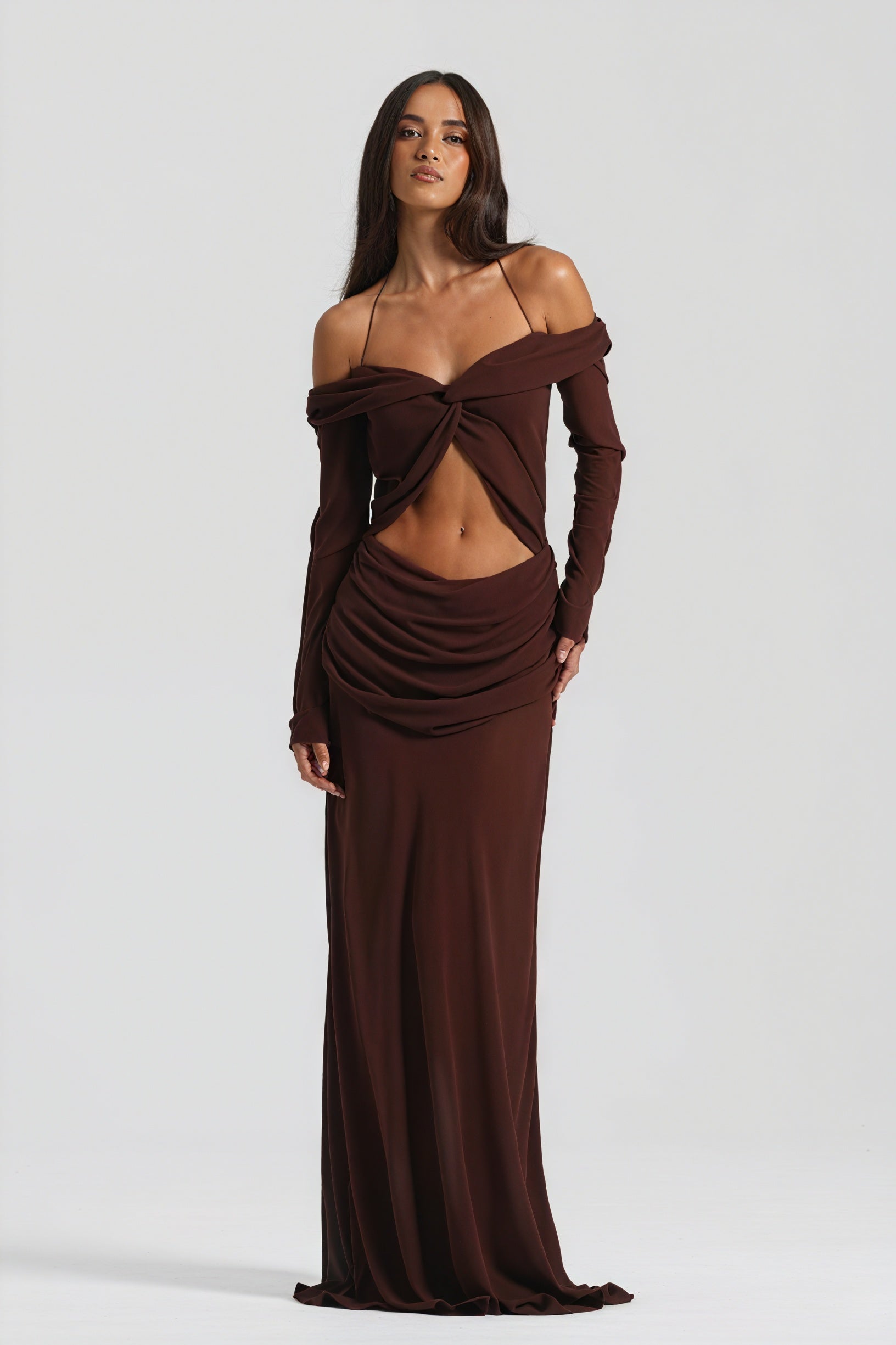 Women's Off-Shoulder Knotted Bust Keyhole Cutout Floor-Length Draped Dress - Elegant Modern Style in White, Light Blue, Brown-81094-ee47392d-4b4f-42c0-ae21-d4dbad4de53f