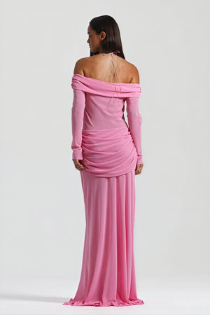 Women's Off-Shoulder Knotted Bust Keyhole Cutout Floor-Length Draped Dress - Elegant Modern Style in White, Light Blue, Brown-81094-a4710e9e-7ae1-4546-b45d-a842a7317007