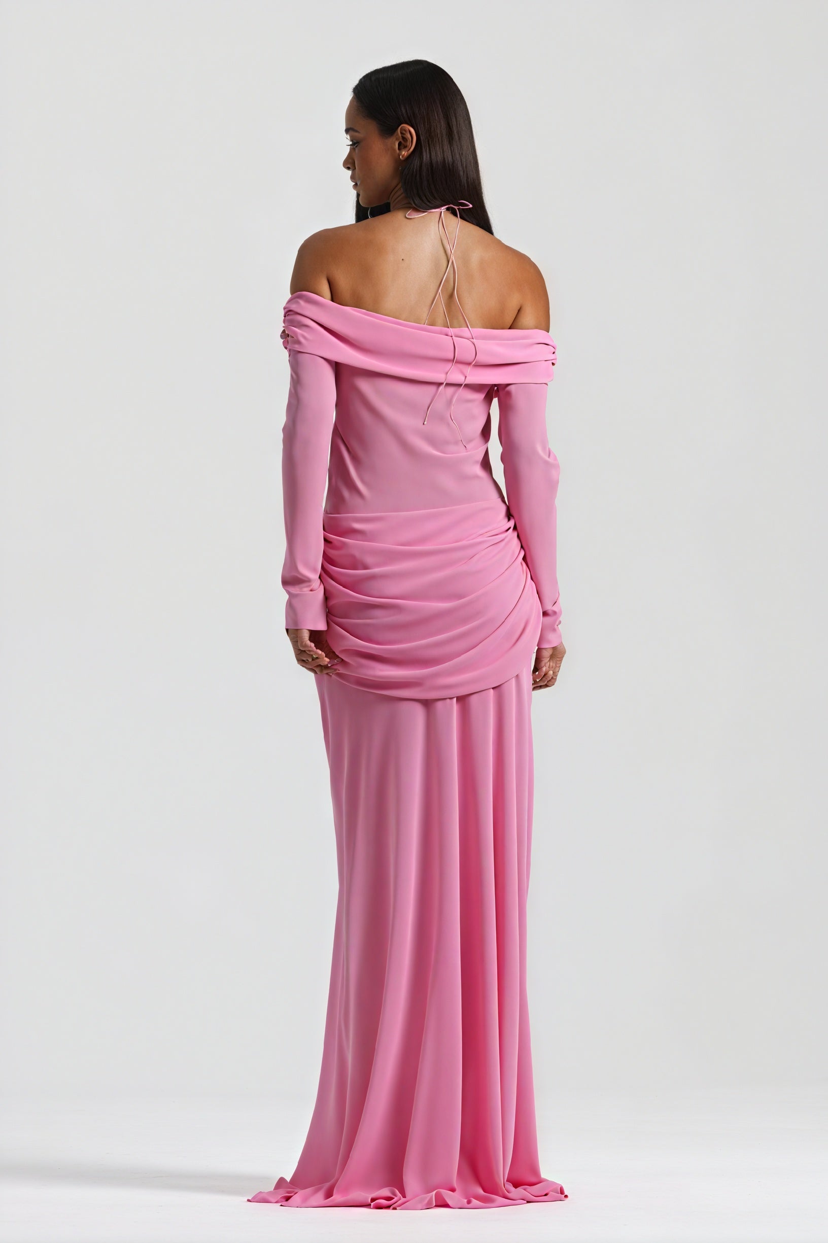 Women's Off-Shoulder Knotted Bust Keyhole Cutout Floor-Length Draped Dress - Elegant Modern Style in White, Light Blue, Brown-81094-a4710e9e-7ae1-4546-b45d-a842a7317007