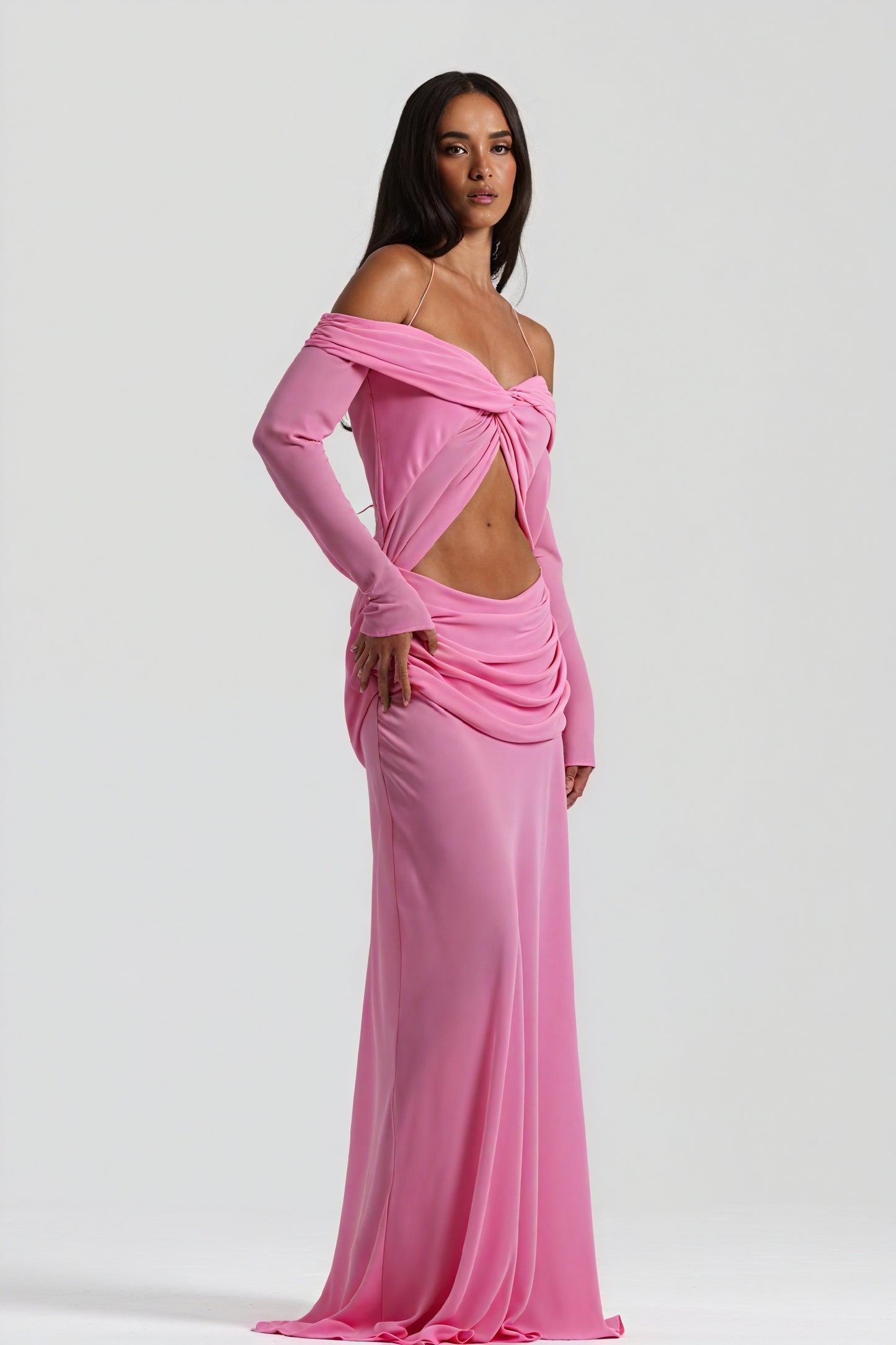 Women's Off-Shoulder Knotted Bust Keyhole Cutout Floor-Length Draped Dress - Elegant Modern Style in White, Light Blue, Brown-81094-13b3d7f0-f0d9-4169-80e6-43012053d370
