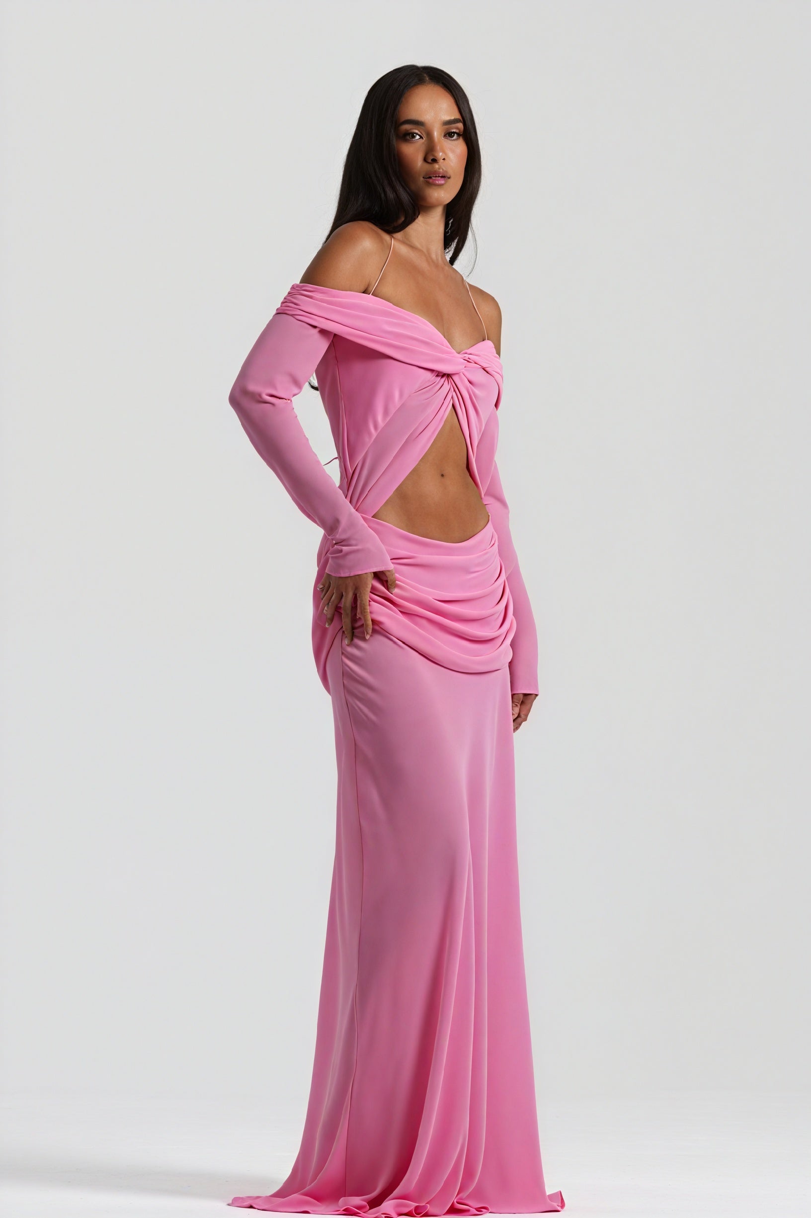 Women's Off-Shoulder Knotted Bust Keyhole Cutout Floor-Length Draped Dress - Elegant Modern Style in White, Light Blue, Brown-81094-13b3d7f0-f0d9-4169-80e6-43012053d370