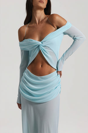 Women's Off-Shoulder Knotted Bust Keyhole Cutout Floor-Length Draped Dress - Elegant Modern Style in White, Light Blue, Brown-81094-4cb43f82-ebee-44c4-9cd9-813e9cd8180e