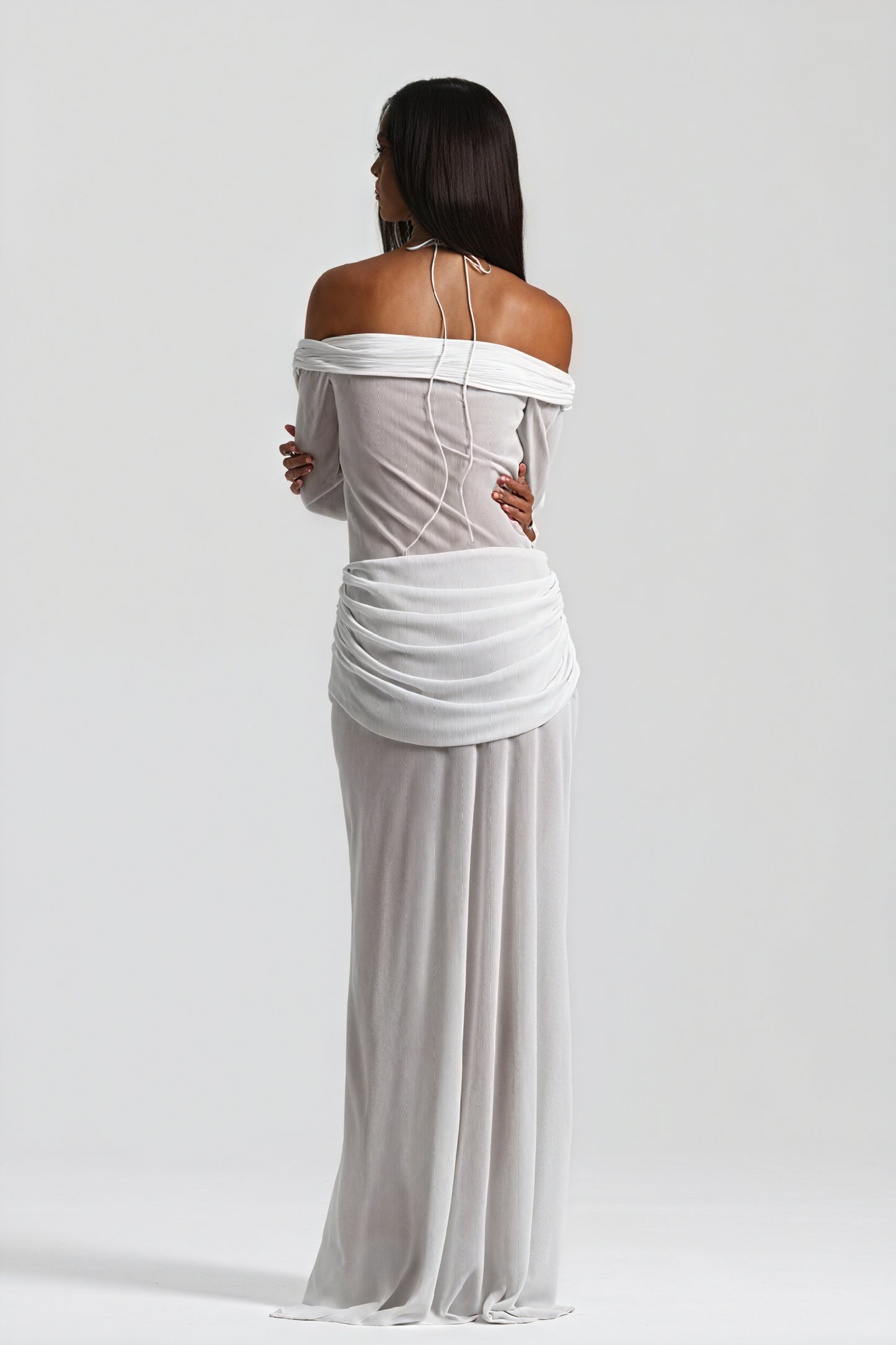 Women's Off-Shoulder Knotted Bust Keyhole Cutout Floor-Length Draped Dress - Elegant Modern Style in White, Light Blue, Brown-81094-10d6bc54-fdb6-4fad-87ec-e4dac58494c5