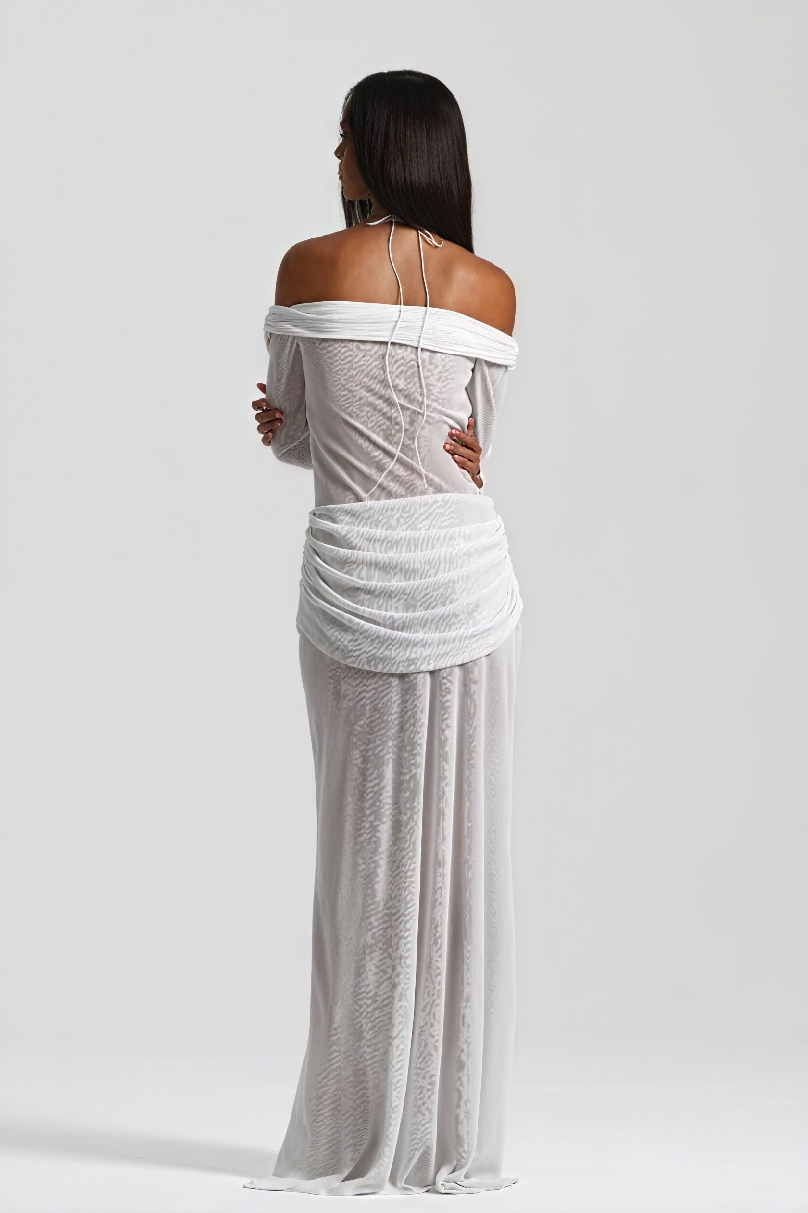 Women's Off-Shoulder Knotted Bust Keyhole Cutout Floor-Length Draped Dress - Elegant Modern Style in White, Light Blue, Brown-81094-10d6bc54-fdb6-4fad-87ec-e4dac58494c5