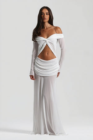 Women's Off-Shoulder Knotted Bust Keyhole Cutout Floor-Length Draped Dress - Elegant Modern Style in White, Light Blue, Brown-81094-8b5bf5c3-e98a-4dd2-a884-fb32a275243d