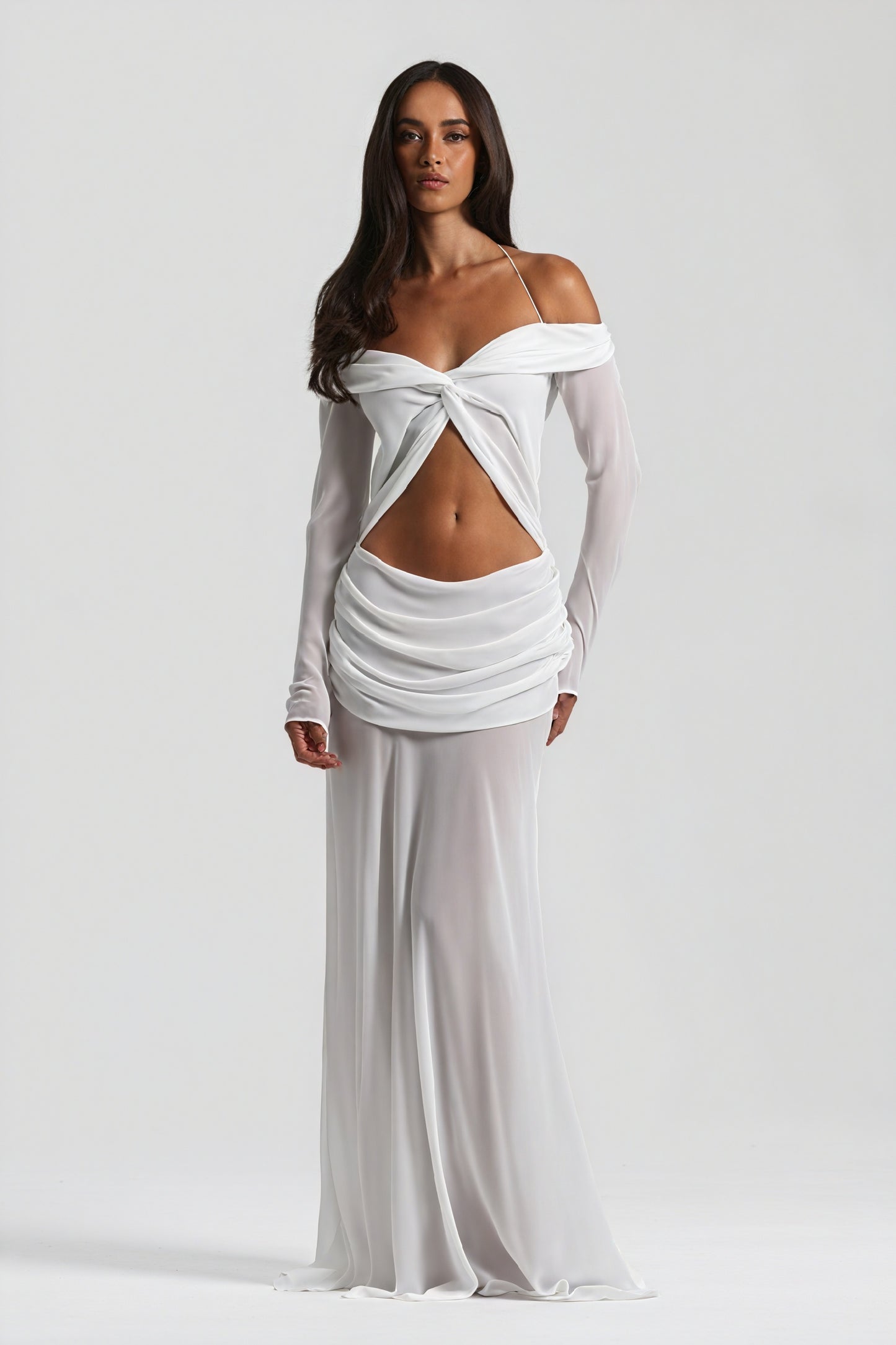 Women's Off-Shoulder Knotted Bust Keyhole Cutout Floor-Length Draped Dress - Elegant Modern Style in White, Light Blue, Brown-81094-8b5bf5c3-e98a-4dd2-a884-fb32a275243d