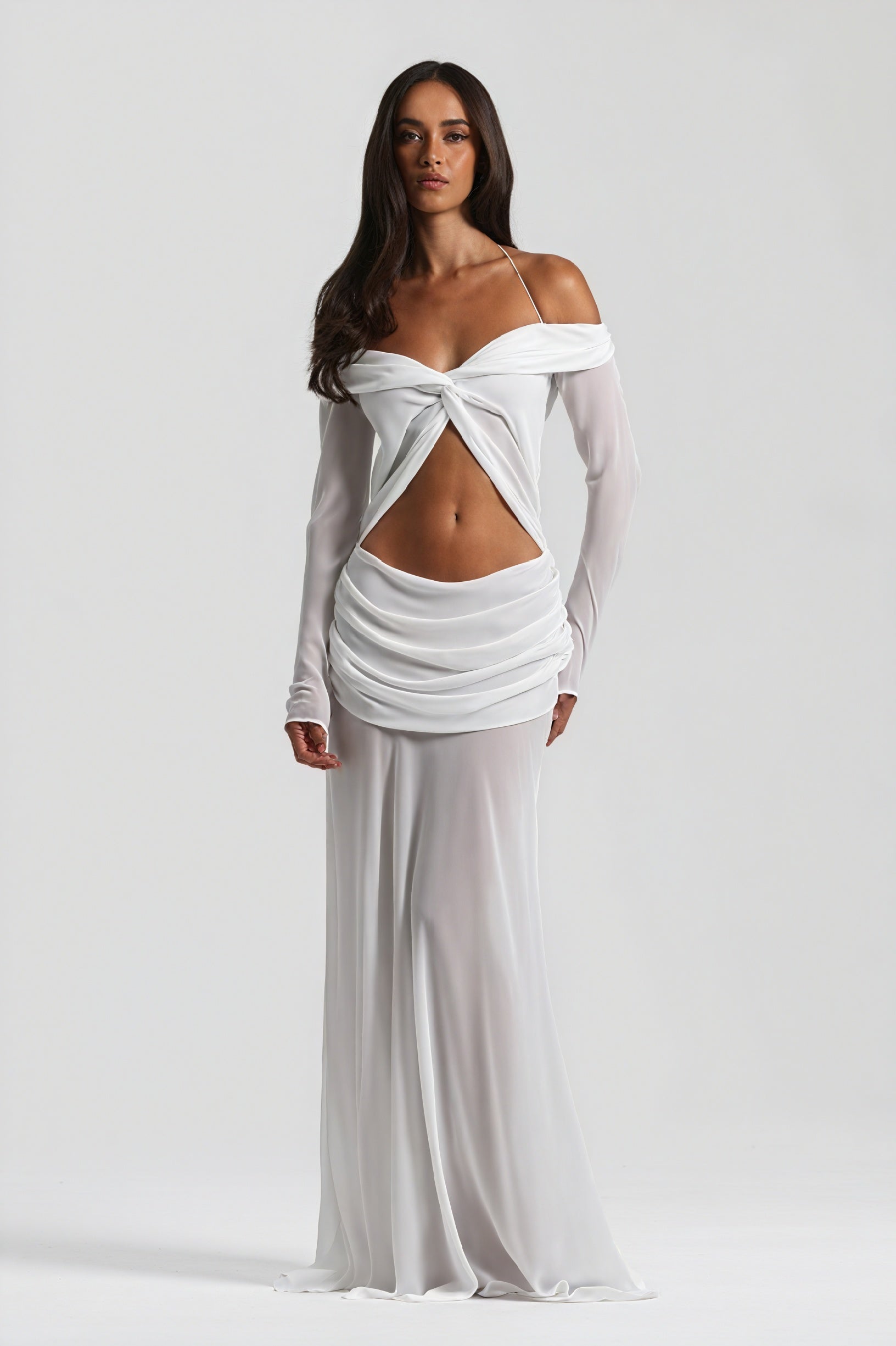 Women's Off-Shoulder Knotted Bust Keyhole Cutout Floor-Length Draped Dress - Elegant Modern Style in White, Light Blue, Brown-81094-8b5bf5c3-e98a-4dd2-a884-fb32a275243d
