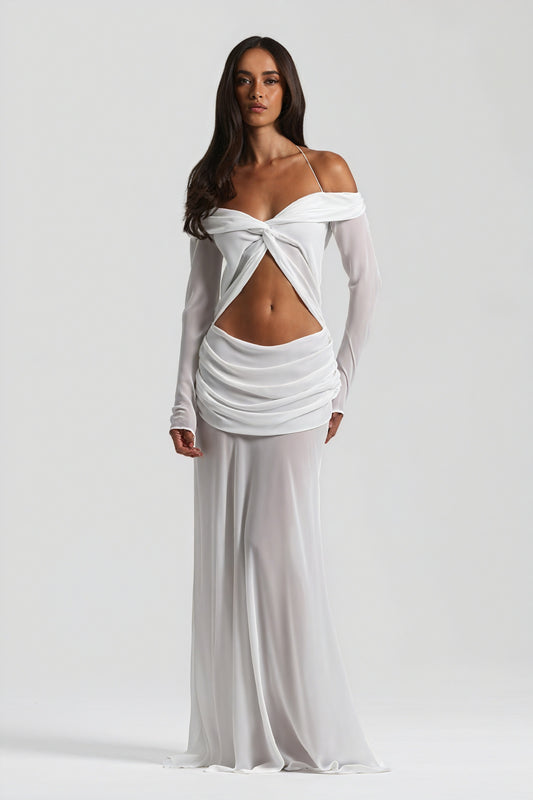 Women's Off-Shoulder Knotted Bust Keyhole Cutout Floor-Length Draped Dress - Elegant Modern Style in White, Light Blue, Brown-81094-8b5bf5c3-e98a-4dd2-a884-fb32a275243d