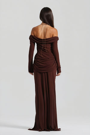 Women's Off-Shoulder Knotted Bust Keyhole Cutout Floor-Length Draped Dress - Elegant Modern Style in White, Light Blue, Brown-81094-157ce4ae-3a21-4883-b2a1-0870867042c1
