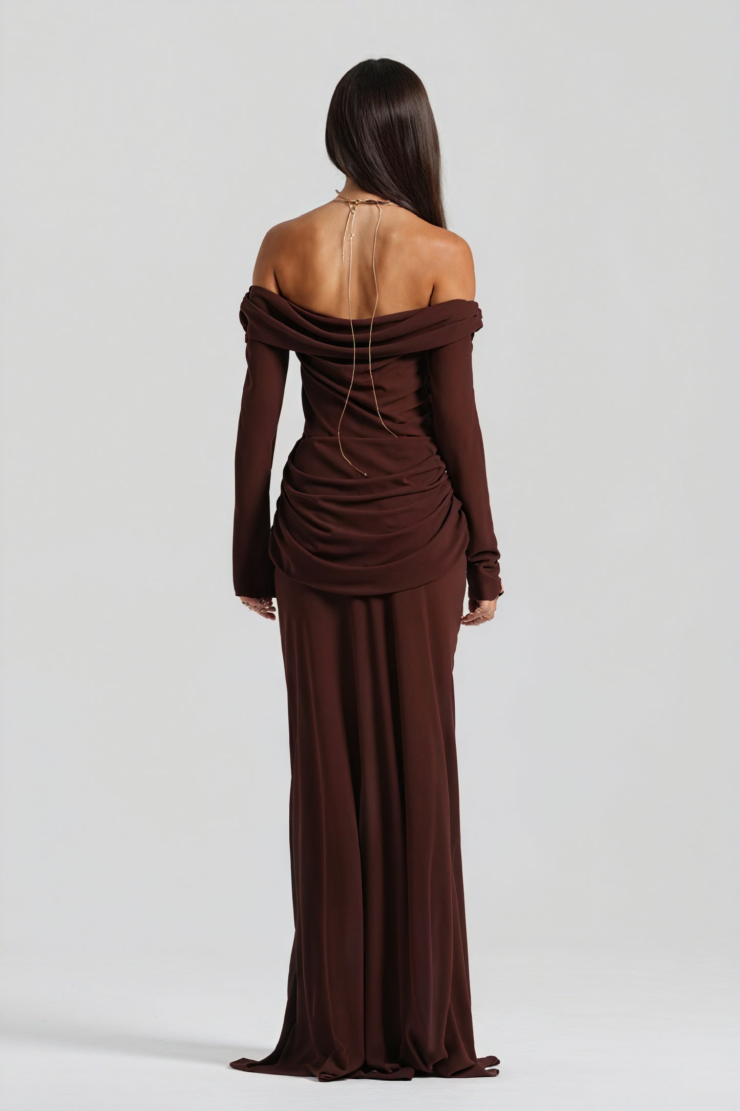 Women's Off-Shoulder Knotted Bust Keyhole Cutout Floor-Length Draped Dress - Elegant Modern Style in White, Light Blue, Brown-81094-157ce4ae-3a21-4883-b2a1-0870867042c1