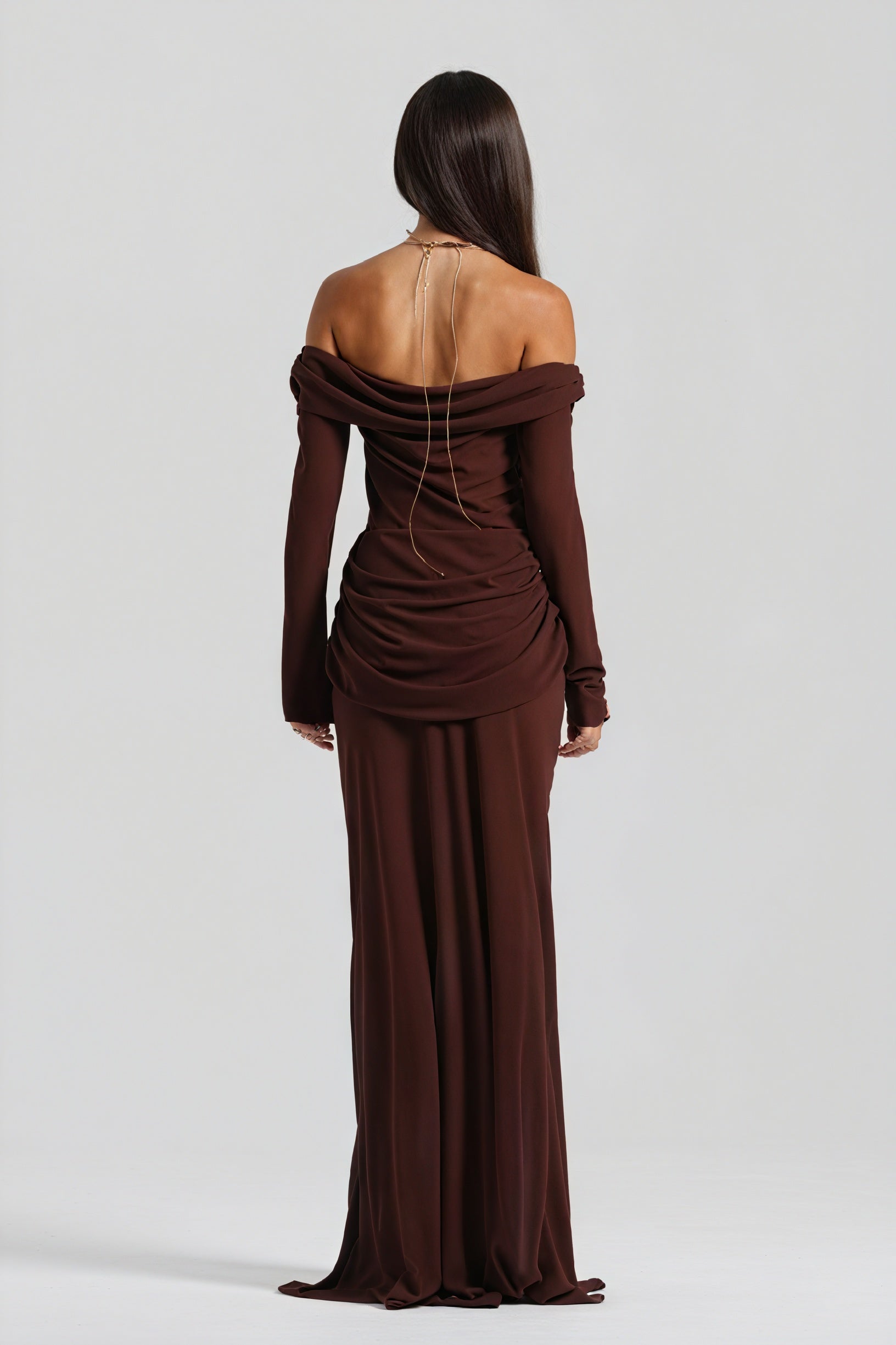 Women's Off-Shoulder Knotted Bust Keyhole Cutout Floor-Length Draped Dress - Elegant Modern Style in White, Light Blue, Brown-81094-157ce4ae-3a21-4883-b2a1-0870867042c1