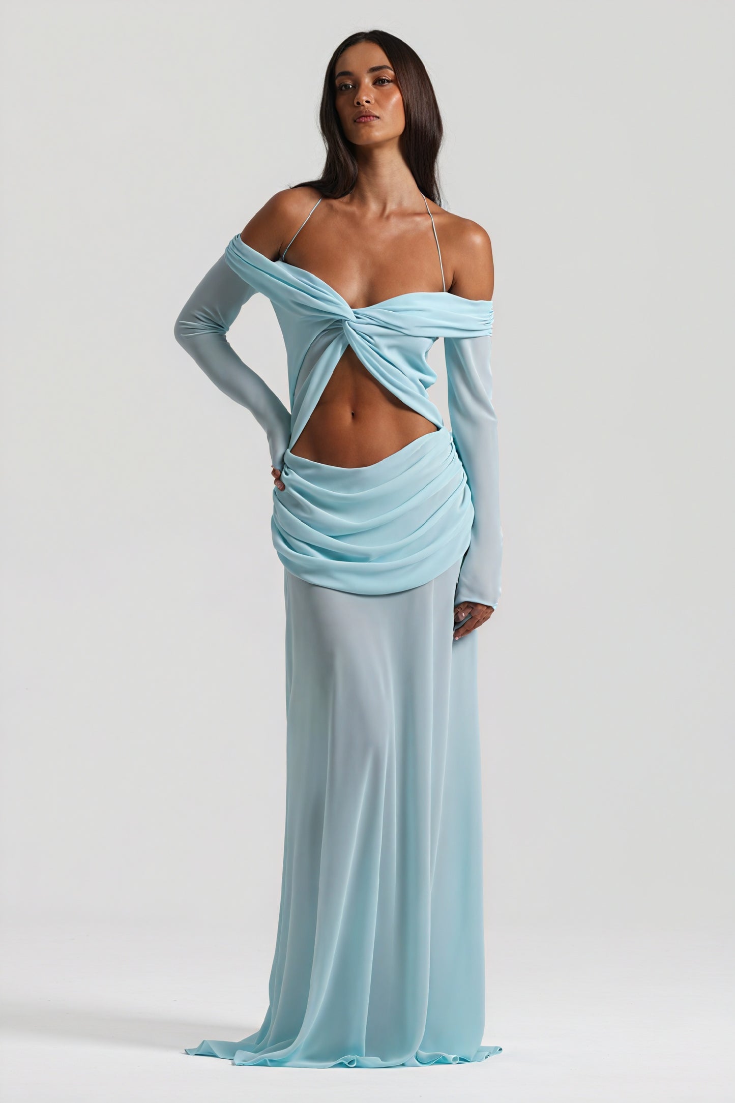 Women's Off-Shoulder Knotted Bust Keyhole Cutout Floor-Length Draped Dress - Elegant Modern Style in White, Light Blue, Brown-81094-3644ffad-7e41-4dae-accd-736b4fd52a28