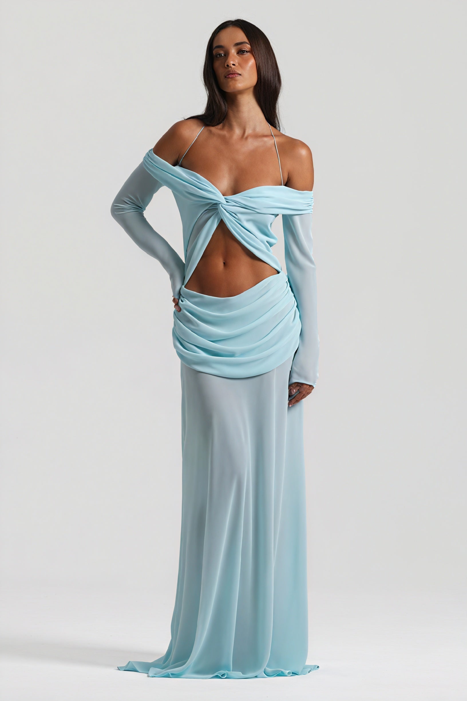 Women's Off-Shoulder Knotted Bust Keyhole Cutout Floor-Length Draped Dress - Elegant Modern Style in White, Light Blue, Brown-81094-3644ffad-7e41-4dae-accd-736b4fd52a28