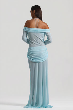 Women's Off-Shoulder Knotted Bust Keyhole Cutout Floor-Length Draped Dress - Elegant Modern Style in White, Light Blue, Brown-81094-3fcb0d26-3f5d-4ca8-bc89-0b489834c9c3