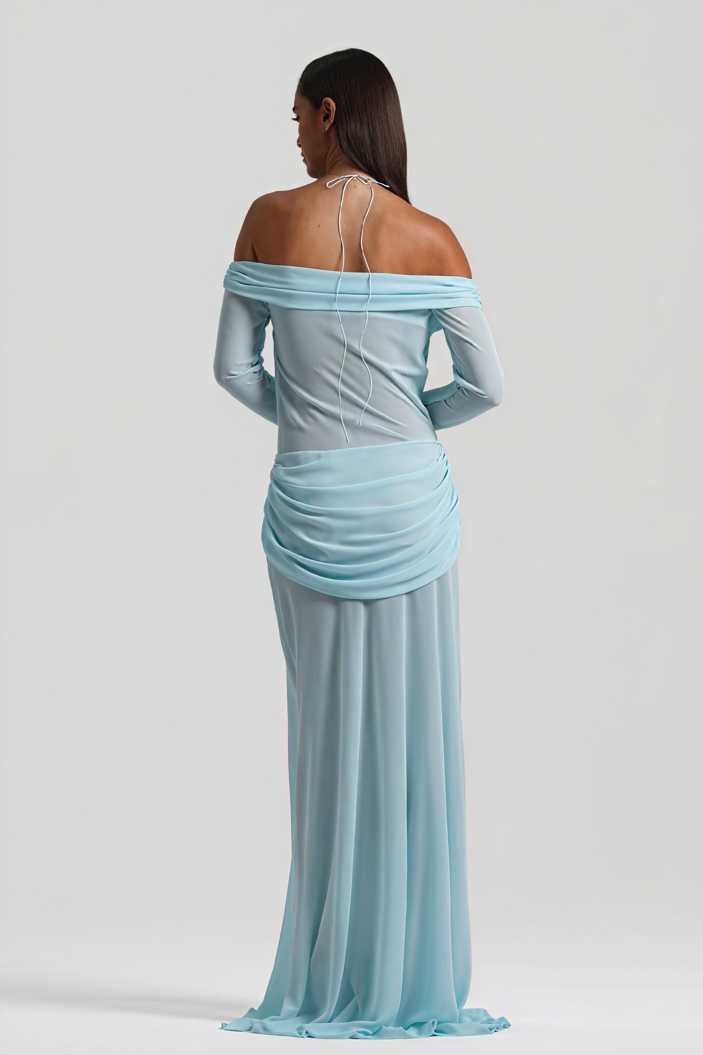 Women's Off-Shoulder Knotted Bust Keyhole Cutout Floor-Length Draped Dress - Elegant Modern Style in White, Light Blue, Brown-81094-3fcb0d26-3f5d-4ca8-bc89-0b489834c9c3
