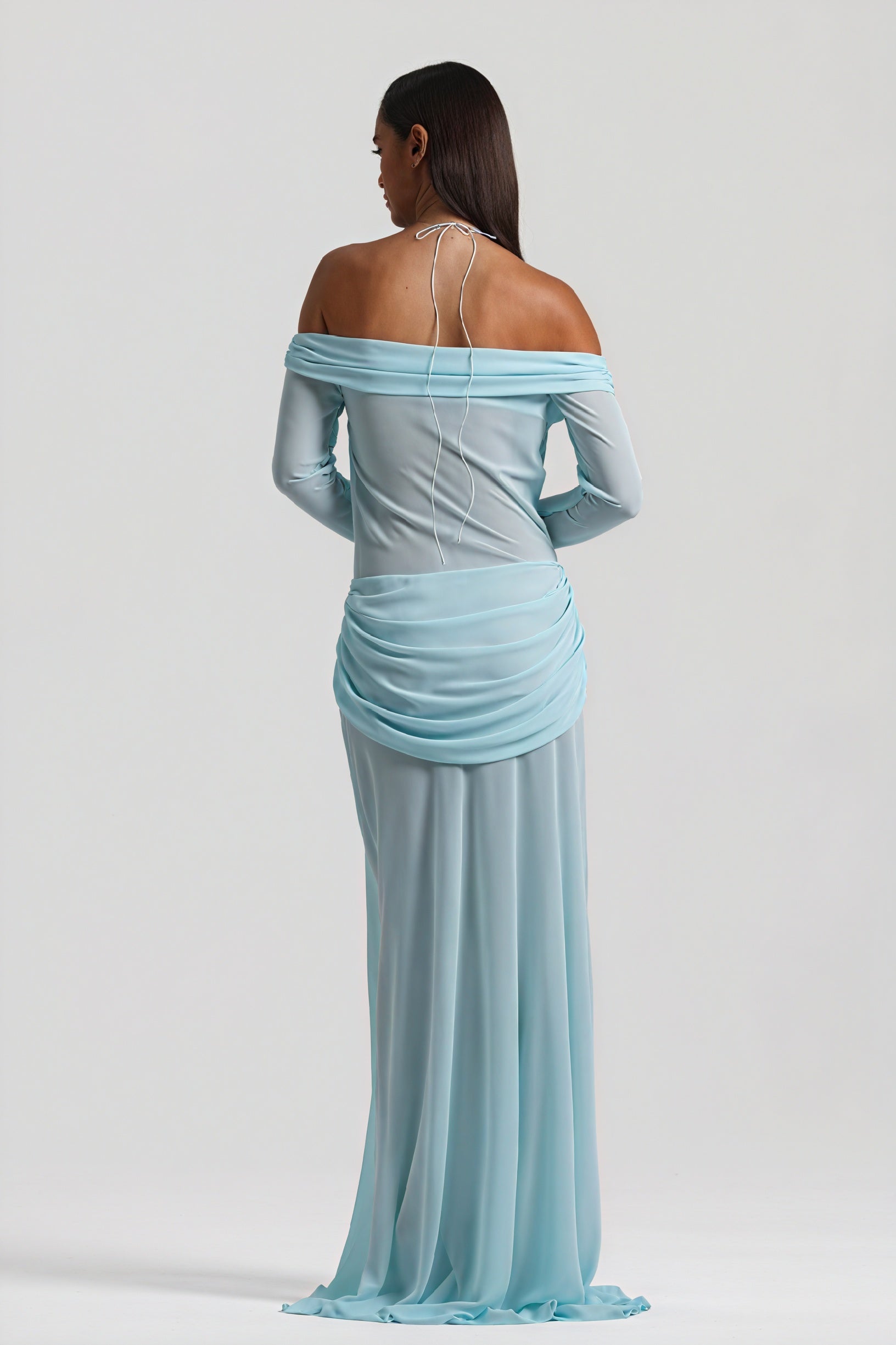 Women's Off-Shoulder Knotted Bust Keyhole Cutout Floor-Length Draped Dress - Elegant Modern Style in White, Light Blue, Brown-81094-3fcb0d26-3f5d-4ca8-bc89-0b489834c9c3