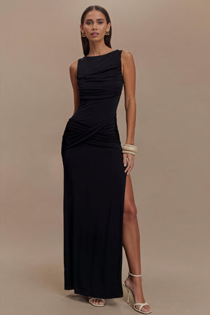 Women's Floor-Length Dress – Draped Neckline, Twisted Waist, High Slit, Elegant Black-81095-c0f2d5ad-c8ca-4914-b297-f69c2f7bf287