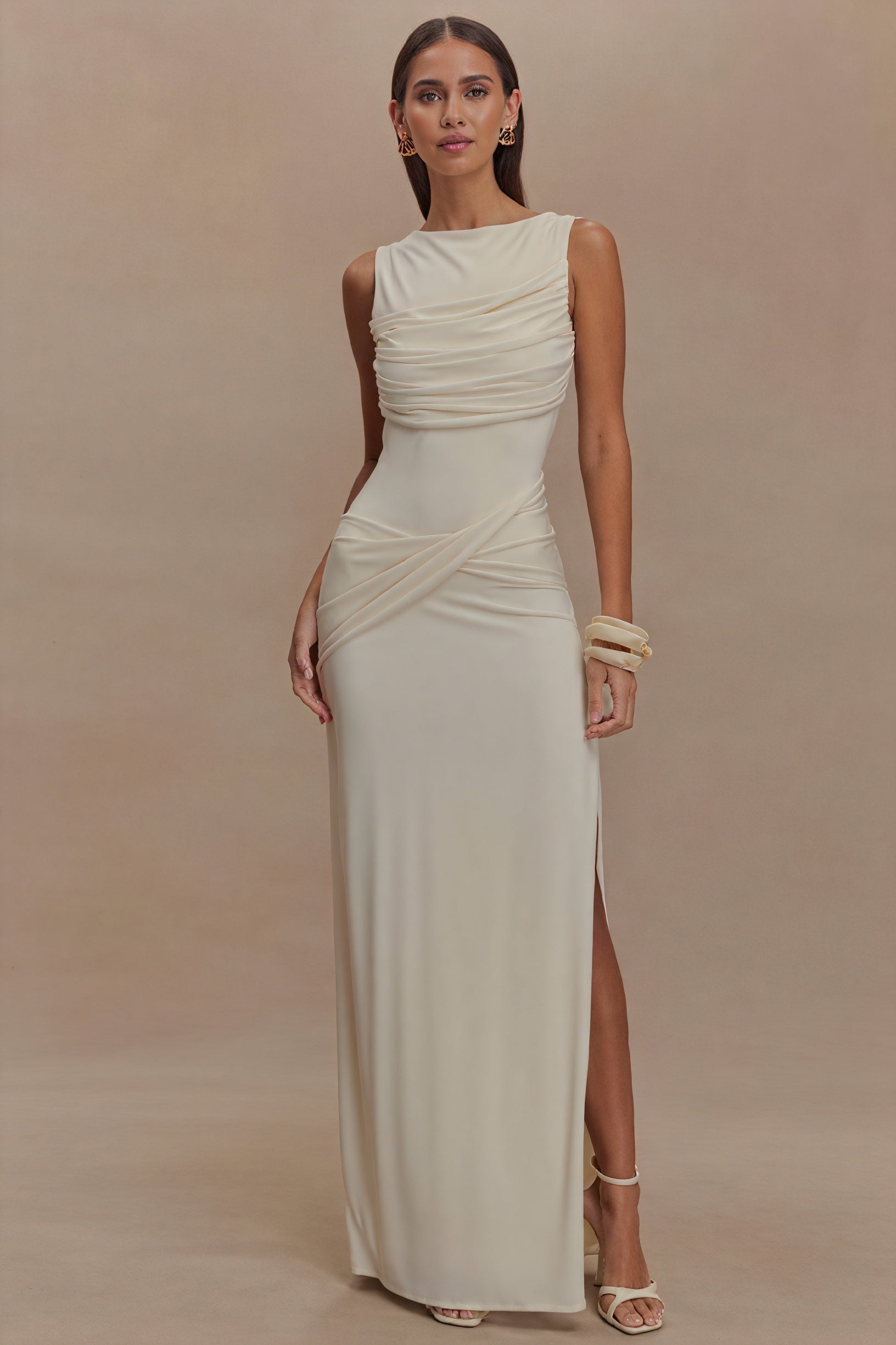 Women's Floor-Length Dress – Draped Neckline, Twisted Waist, High Slit, Elegant Black-81095-a60544af-3873-4e29-aff4-ca6ac5a94321