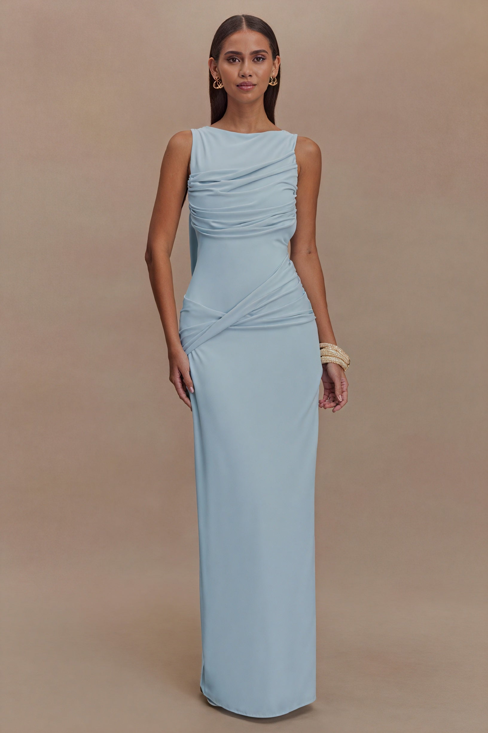 Women's Floor-Length Dress – Draped Neckline, Twisted Waist, High Slit, Elegant Black-81095-37078130-071e-45cc-9224-5b914eaffcb0