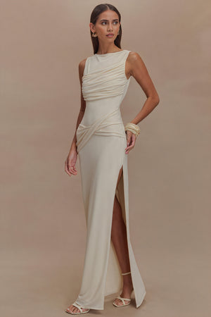 Women's Floor-Length Dress – Draped Neckline, Twisted Waist, High Slit, Elegant Black-81095-ba255a2d-904f-4443-9139-ece9c5ec5011