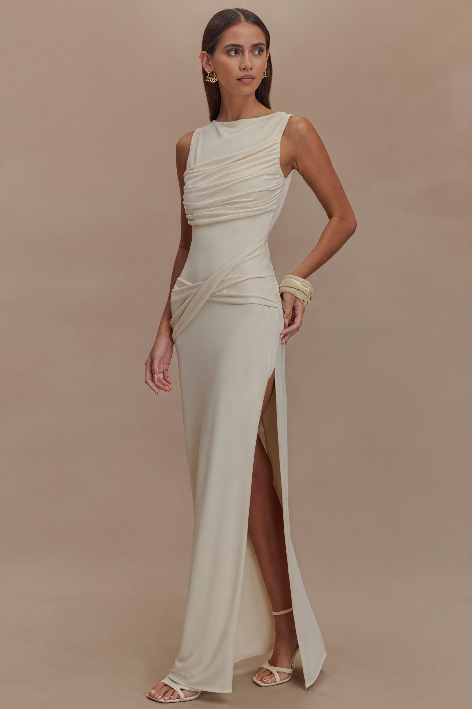 Women's Floor-Length Dress – Draped Neckline, Twisted Waist, High Slit, Elegant Black-81095-ba255a2d-904f-4443-9139-ece9c5ec5011