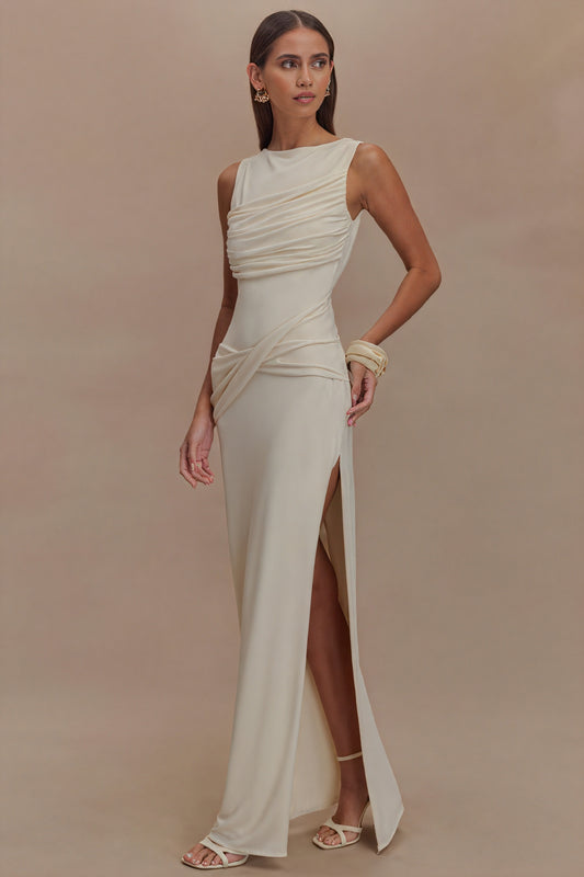 Women's Floor-Length Dress – Draped Neckline, Twisted Waist, High Slit, Elegant Black-81095-ba255a2d-904f-4443-9139-ece9c5ec5011