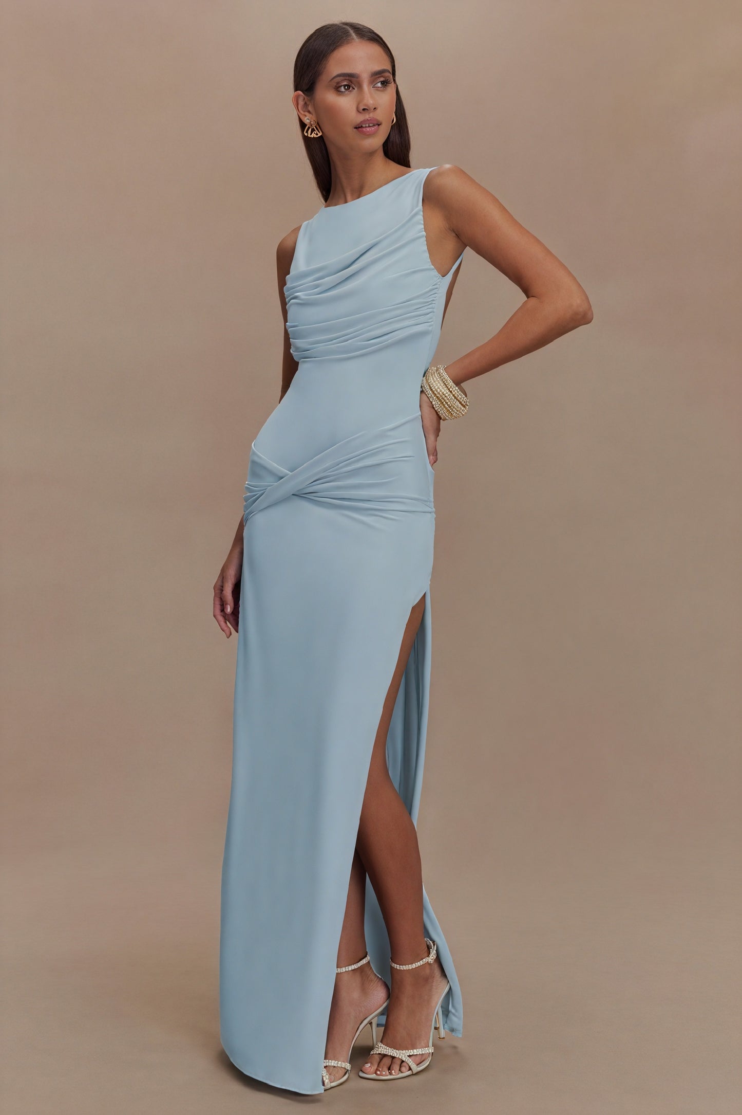 Women's Floor-Length Dress – Draped Neckline, Twisted Waist, High Slit, Elegant Black-81095-c127c20f-9d4e-4a1a-98a5-662883311a1d