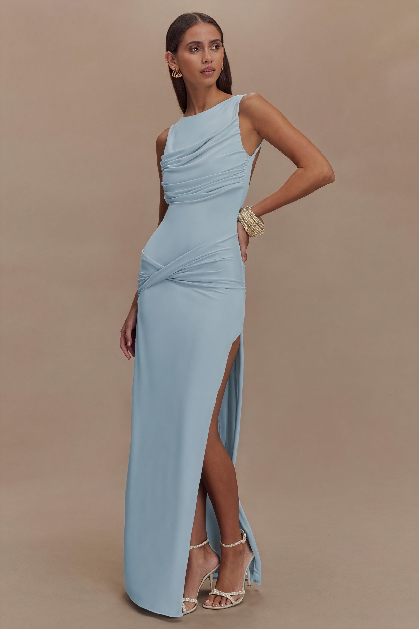 Women's Floor-Length Dress – Draped Neckline, Twisted Waist, High Slit, Elegant Black-81095-c127c20f-9d4e-4a1a-98a5-662883311a1d