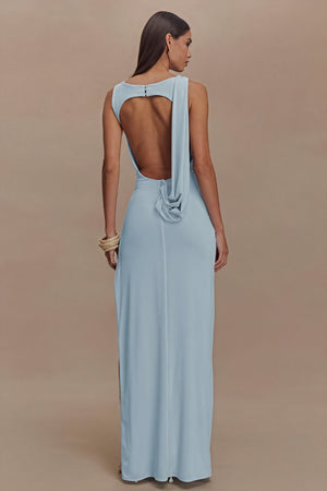 Women's Floor-Length Dress – Draped Neckline, Twisted Waist, High Slit, Elegant Black-81095-72bd80ae-a610-4301-b972-1ea41a97905b