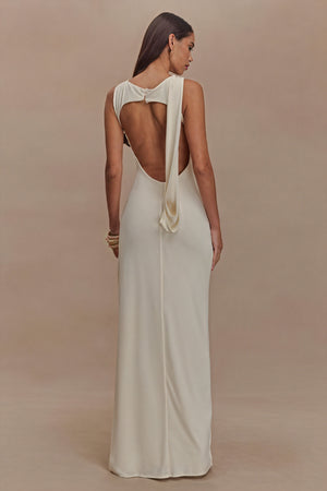 Women's Floor-Length Dress – Draped Neckline, Twisted Waist, High Slit, Elegant Black-81095-3ebc7d0c-bb5d-4e90-9f7a-4a56d36190b7