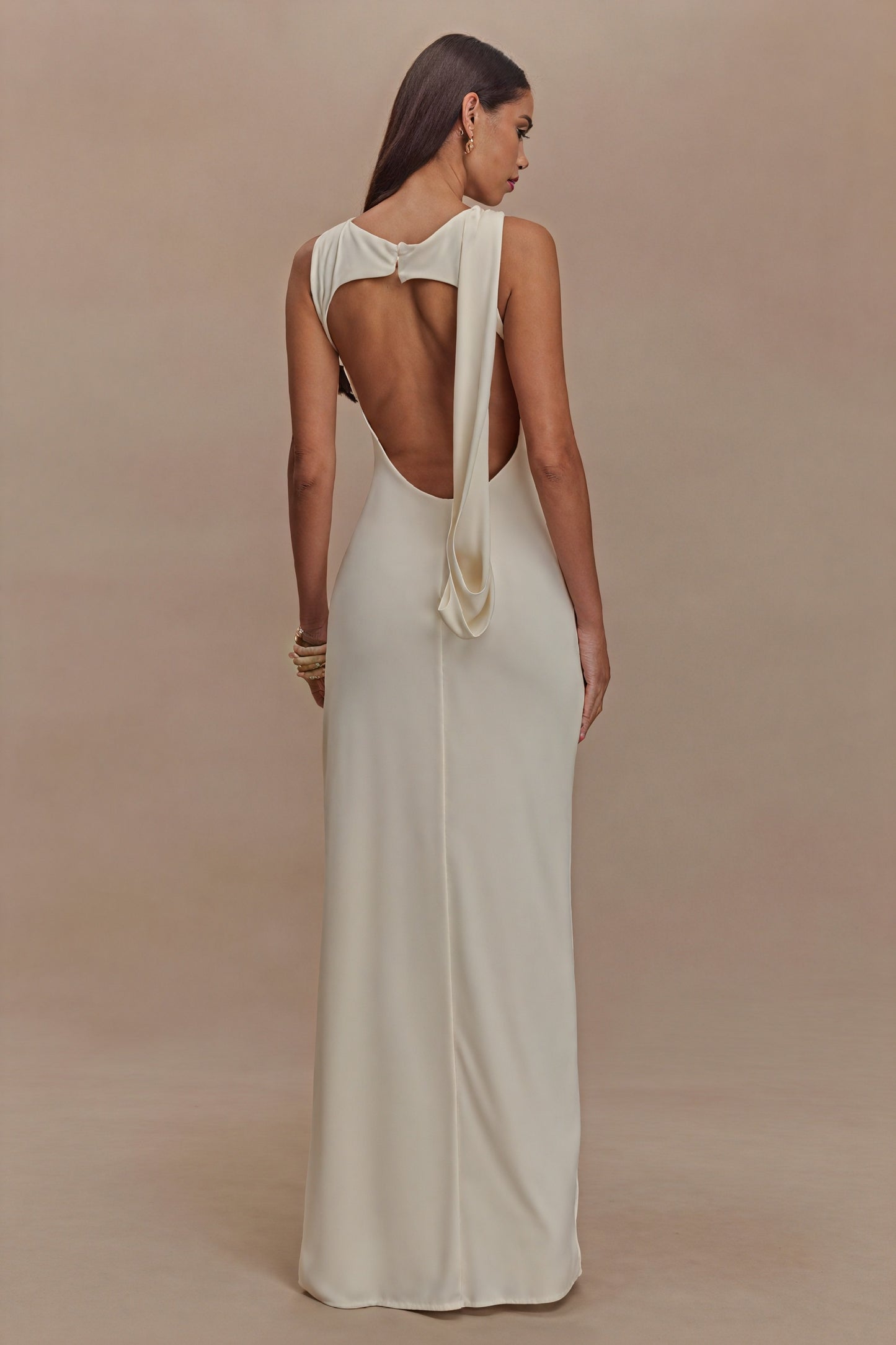 Women's Floor-Length Dress – Draped Neckline, Twisted Waist, High Slit, Elegant Black-81095-3ebc7d0c-bb5d-4e90-9f7a-4a56d36190b7