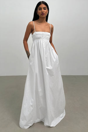 Women's White Cotton Maxi Dress – Square Neck, A-Line, Side Pockets-81099-4cb81ca7-81cd-4561-84af-1d0fa4dd6fc7