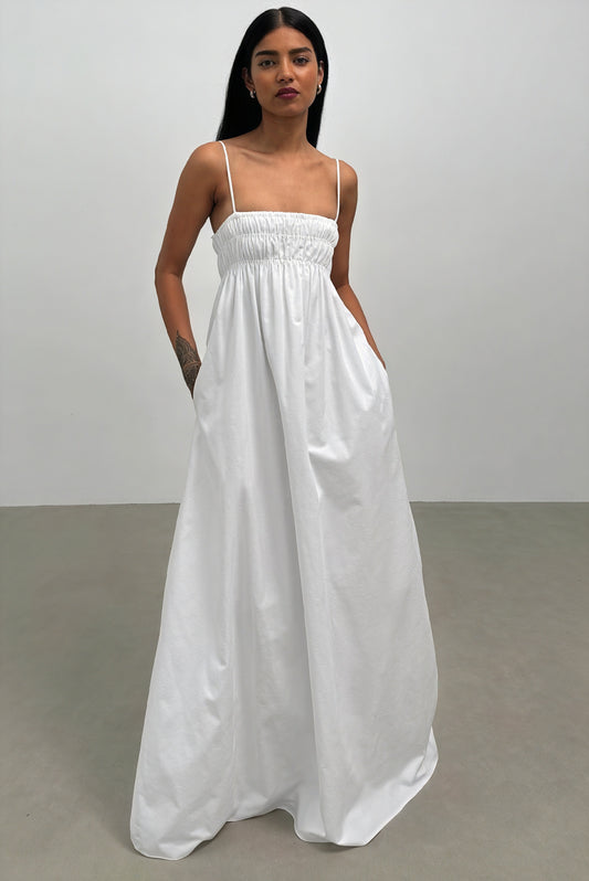 Women's White Cotton Maxi Dress – Square Neck, A-Line, Side Pockets-81099-4cb81ca7-81cd-4561-84af-1d0fa4dd6fc7
