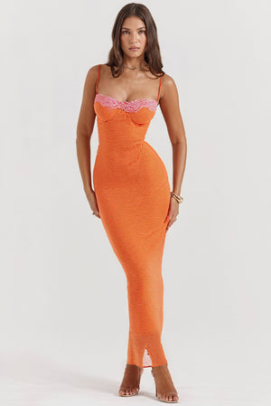 Women's Bodycon Maxi Dress – Ribbed Sweetheart Neckline Slit, Fuchsia Orange Blue-81100-579e0358-efbd-4c58-870c-5b9b20284926