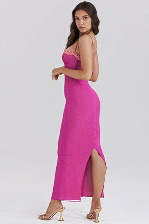 Women's Bodycon Maxi Dress – Ribbed Sweetheart Neckline Slit, Fuchsia Orange Blue-81100-819dbc5e-56e2-484b-8c3a-b01c15643c6b