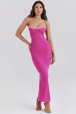 Women's Bodycon Maxi Dress – Ribbed Sweetheart Neckline Slit, Fuchsia Orange Blue-81100-e49730f5-680c-44a7-b3eb-54733aa64dcb