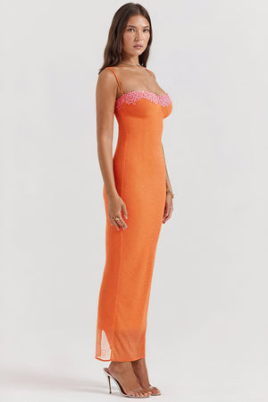 Women's Bodycon Maxi Dress – Ribbed Sweetheart Neckline Slit, Fuchsia Orange Blue-81100-20da8d85-0d78-4b25-8f81-d56e0af99231