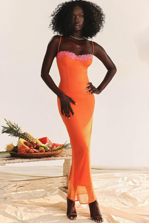 Women's Bodycon Maxi Dress – Ribbed Sweetheart Neckline Slit, Fuchsia Orange Blue-81100-3fe46d2b-887f-4a9a-82e2-c27cf1d00129