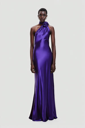 Women's Purple Satin Floor-Length Dress – One-Shoulder, Fabric Rose Detail, Elegant Style-81103-695fa355-6d10-4491-bbf2-9dbe34a4e178