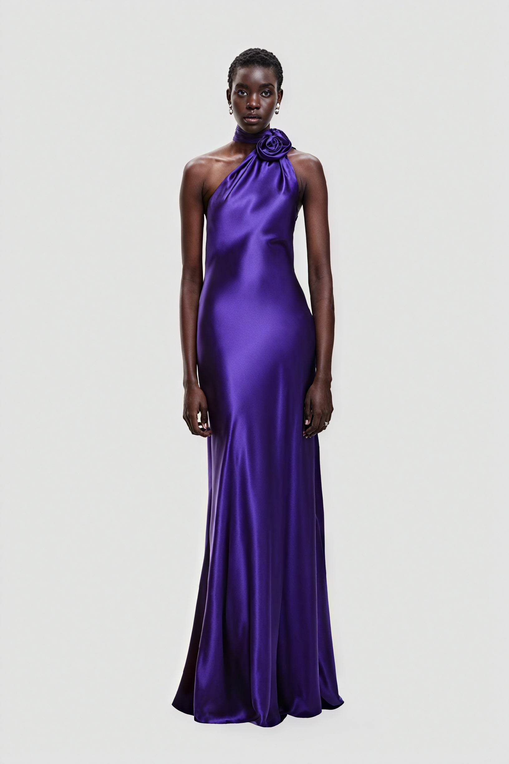 Women's Purple Satin Floor-Length Dress – One-Shoulder, Fabric Rose Detail, Elegant Style-81103-695fa355-6d10-4491-bbf2-9dbe34a4e178