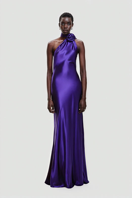 Women's Purple Satin Floor-Length Dress – One-Shoulder, Fabric Rose Detail, Elegant Style-81103-695fa355-6d10-4491-bbf2-9dbe34a4e178