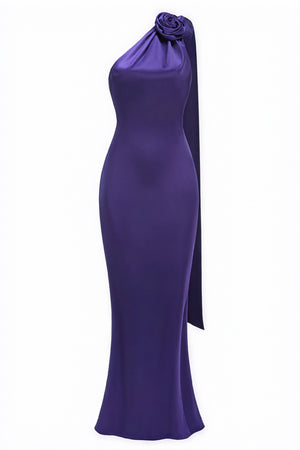 Women's Purple Satin Floor-Length Dress – One-Shoulder, Fabric Rose Detail, Elegant Style-81103-90213e95-da00-4147-b596-5dd5eb52df02