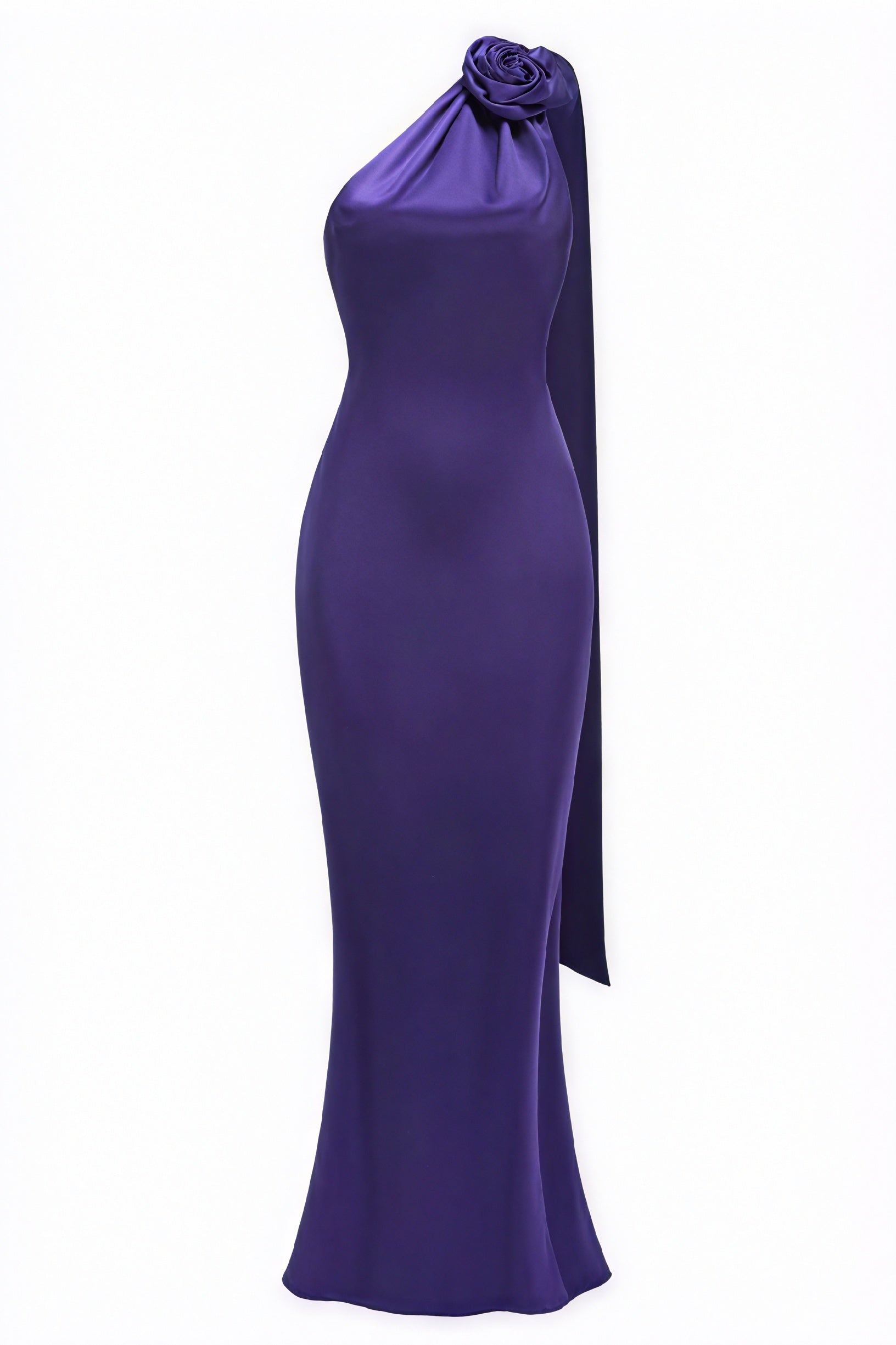 Women's Purple Satin Floor-Length Dress – One-Shoulder, Fabric Rose Detail, Elegant Style-81103-90213e95-da00-4147-b596-5dd5eb52df02