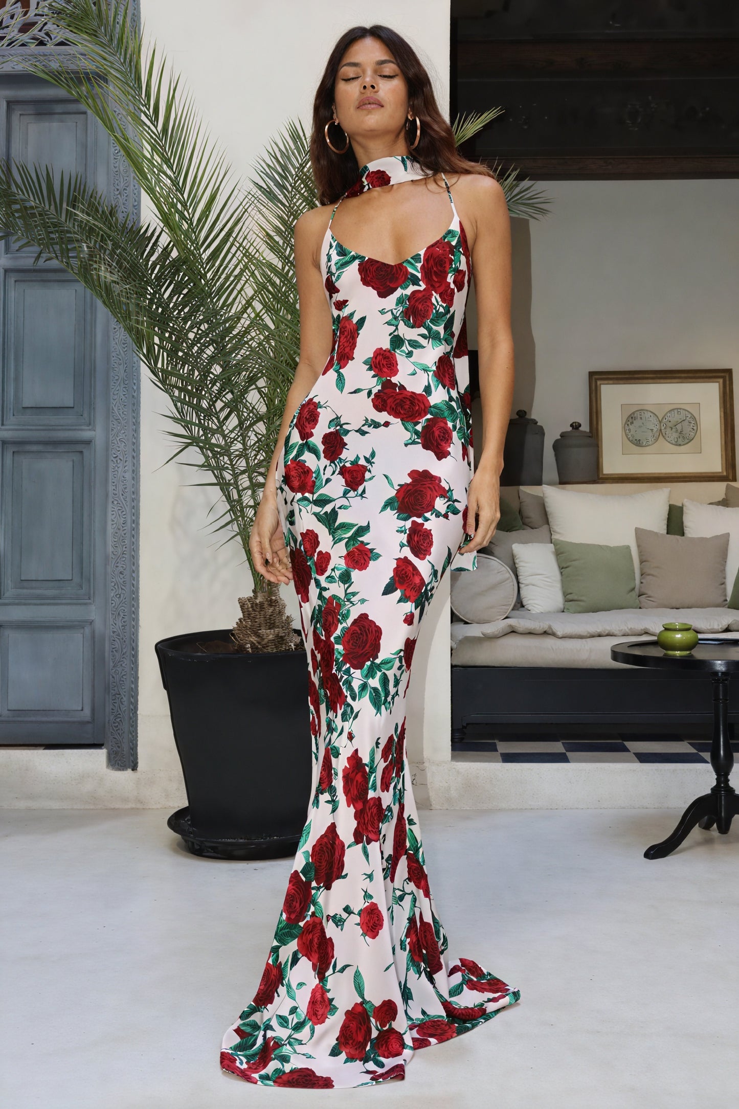 Women's Floor-Length Floral Dress – Red Rose Silk, Halter/V-Neck-81104-8c9bdadf-308e-414e-8c3e-8060d9e04614